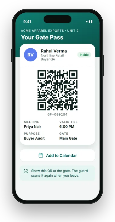 VizPass gate pass on a phone with the visitor name, QR code, host, valid-till time and gate