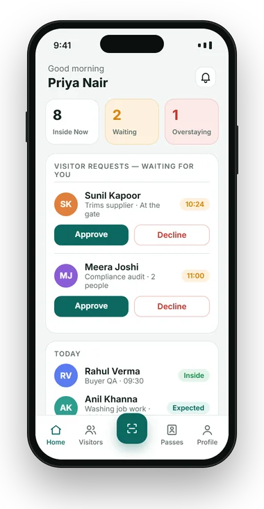 VizPass app home screen listing visitor requests waiting for the host, with Approve and Decline buttons