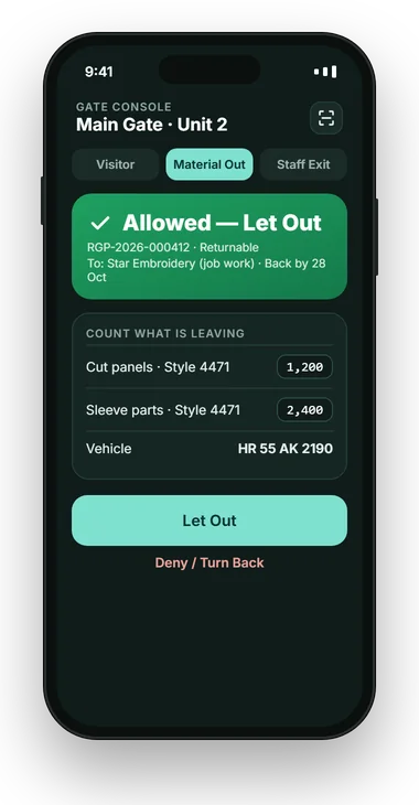 VizPass gate console on a phone showing Allowed, Let Out after a pass is scanned at the main gate