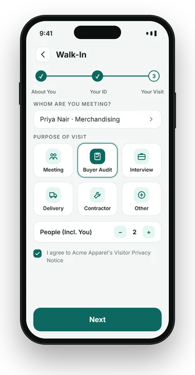 VizPass app walk-in screen asking whom the visitor is meeting and the purpose of the visit