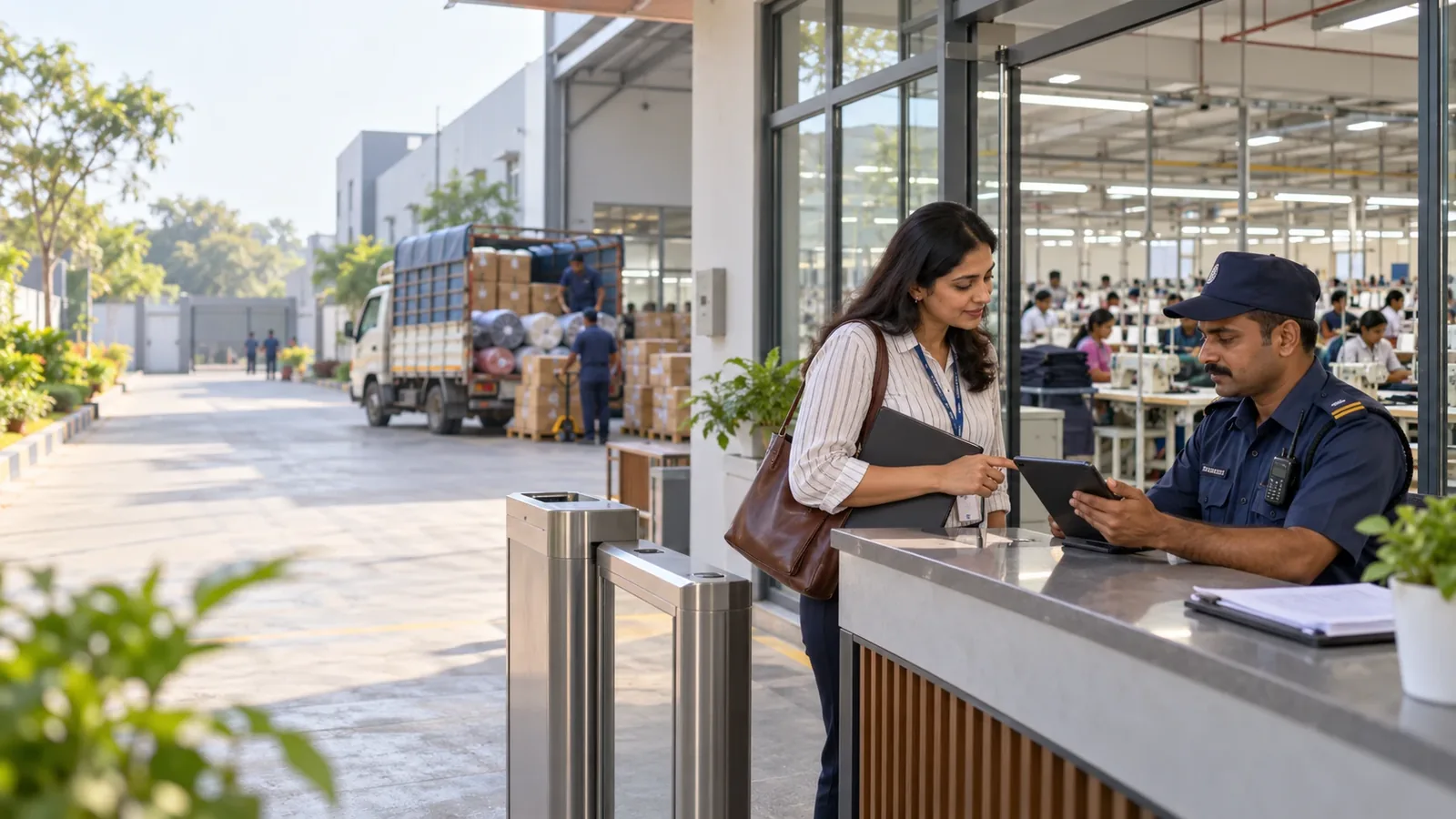 Security guard checking in a visitor on a tablet at the gate of an apparel export factory, with the sewing floor and a fabric delivery behind