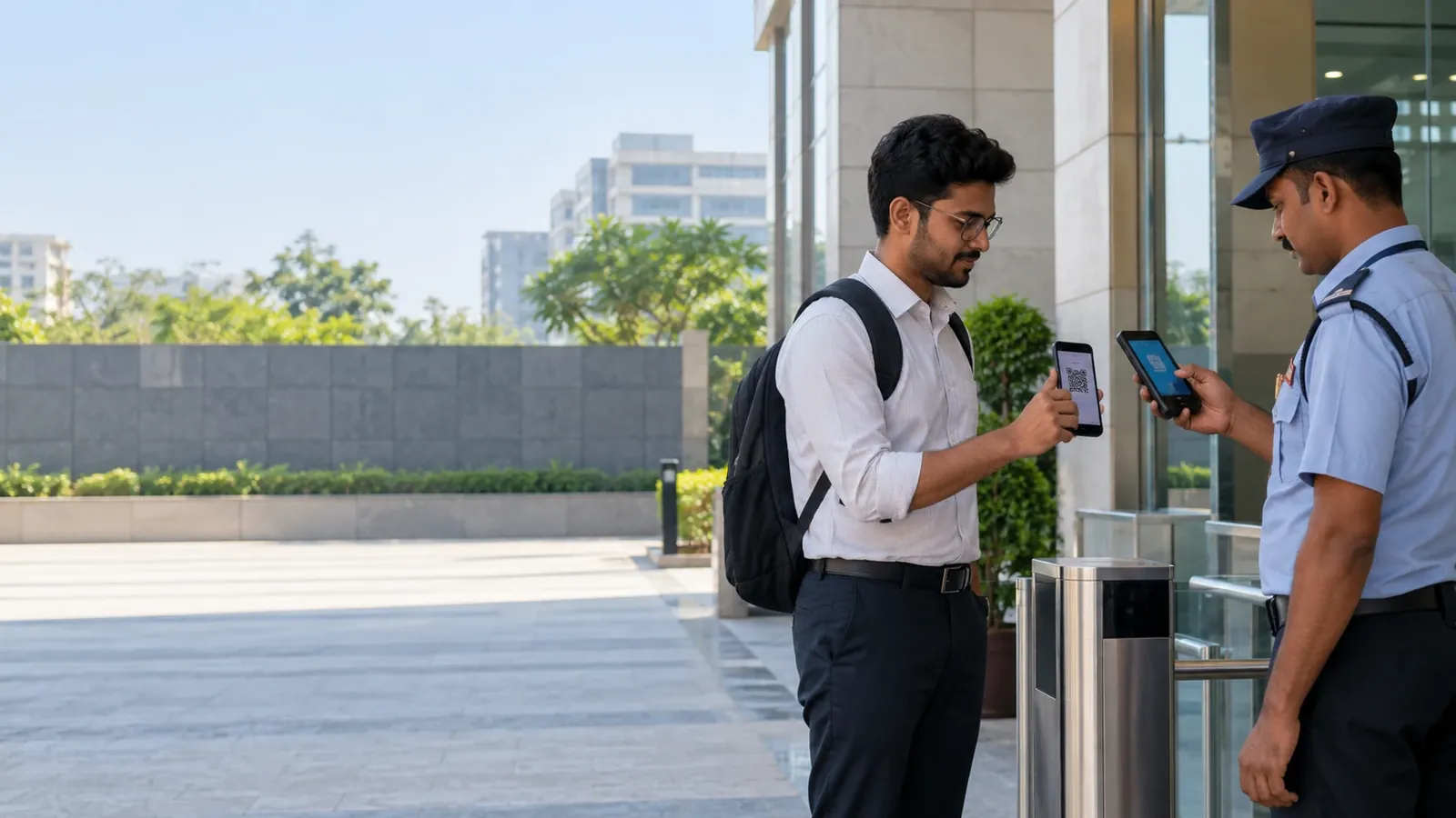 Security guard scanning a visitor's QR pass on his phone at the entrance of an office building