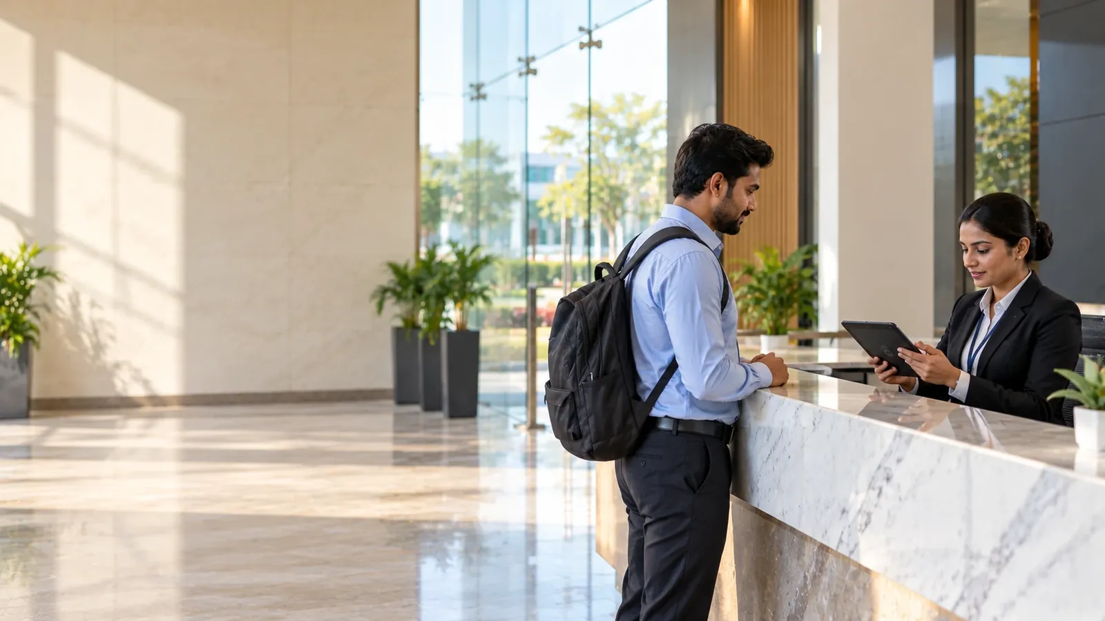 Receptionist checking in a visitor with a backpack on a tablet at a marble reception desk in an office lobby