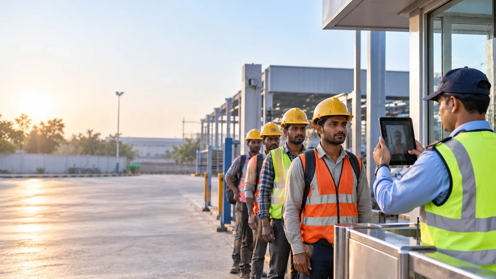 Contract workers in helmets queueing at a plant gate while a guard photographs the first worker with a tablet to check him in