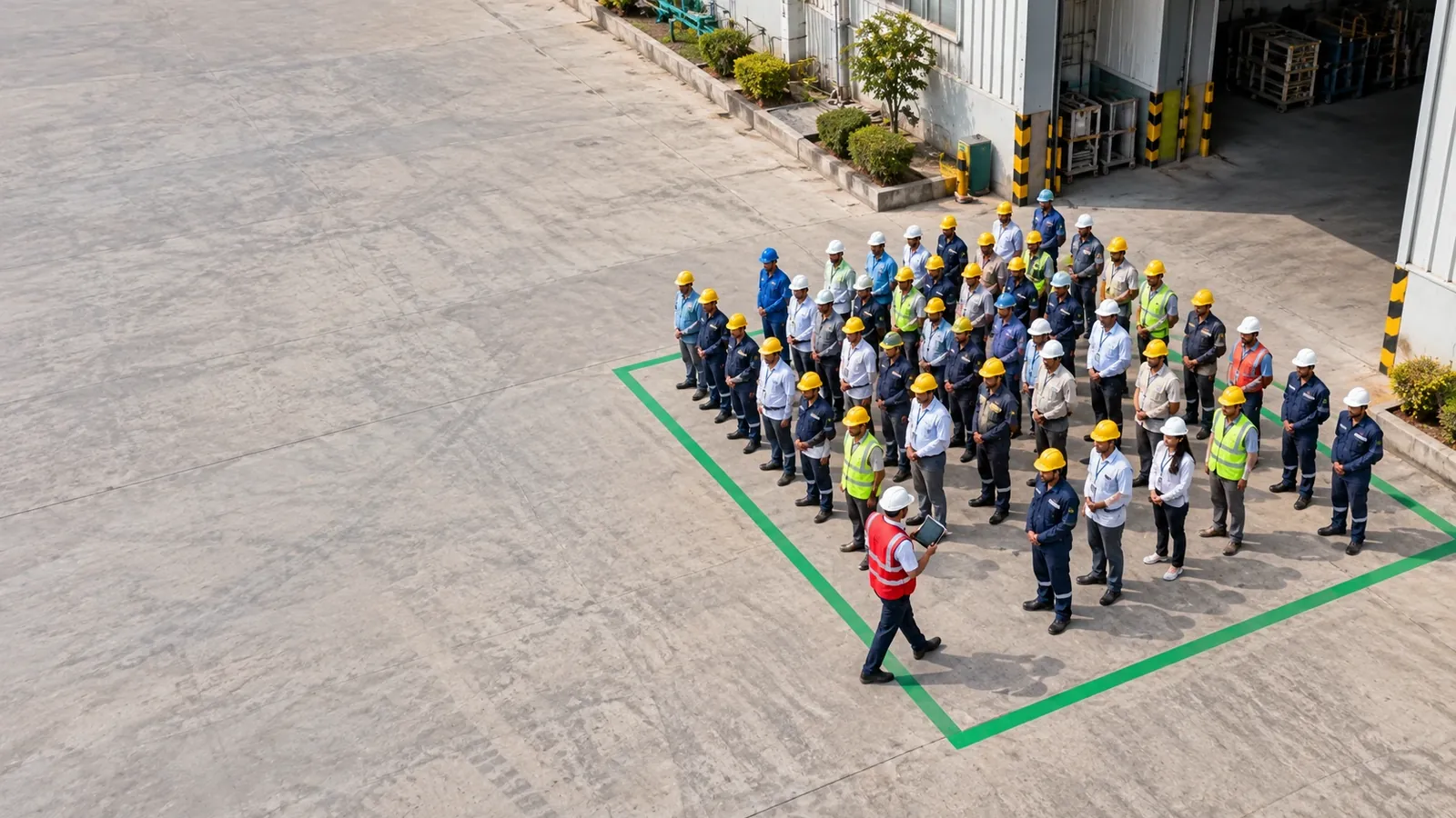 Aerial view of a factory yard during a fire drill: workers in helmets stand in rows inside a painted green assembly square while a fire warden in a red vest walks the front row with a tablet