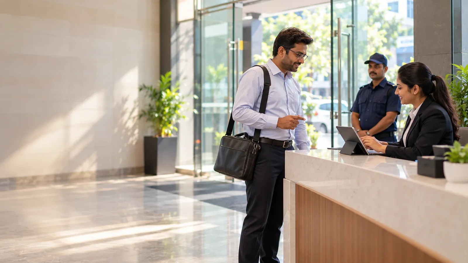 Visitor with a laptop bag telling the receptionist whom he has come to meet while she checks him in on a tablet, with a guard at the door