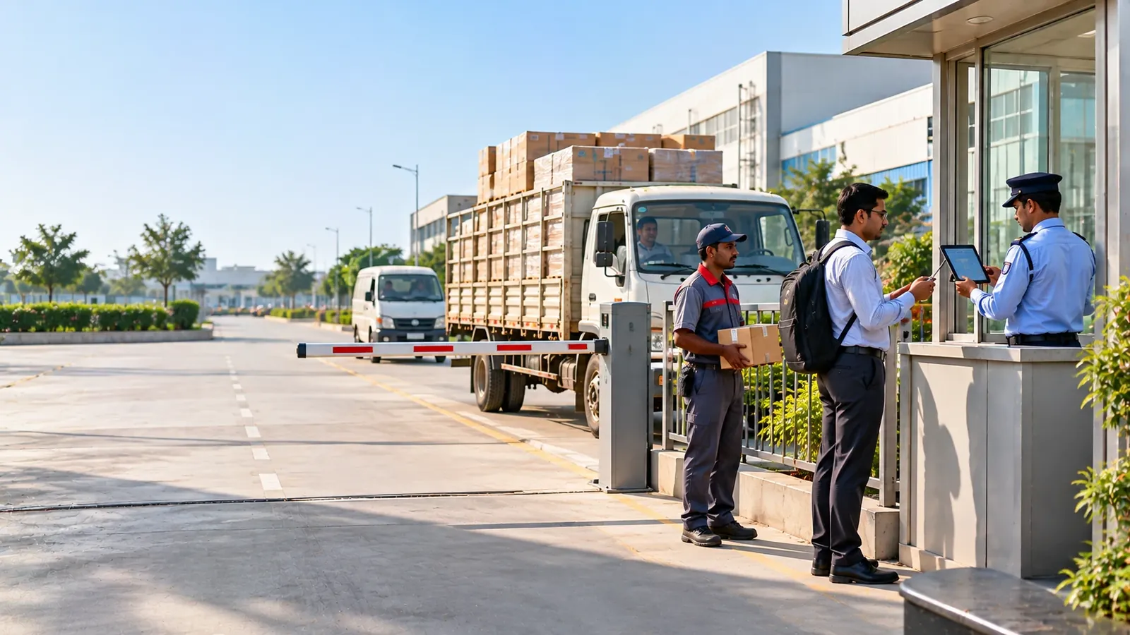 Security guard checking in a visitor on a tablet at a factory gate while a courier waits with a parcel and a truck loaded with boxes stands behind