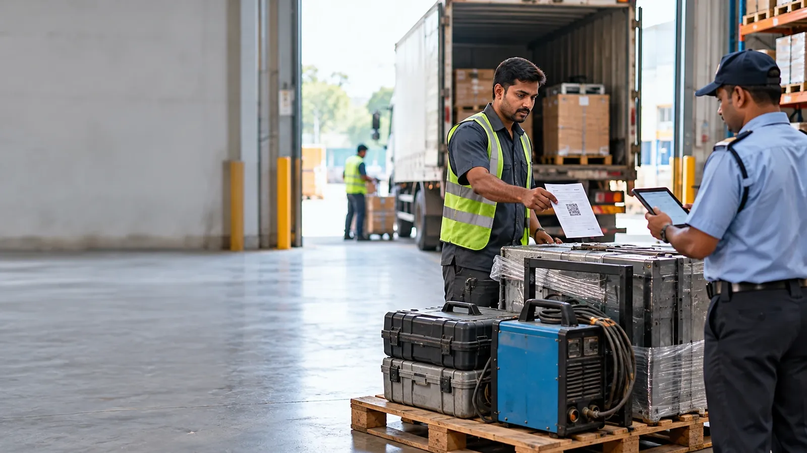 Store clerk at a loading dock holding out a returnable material gate pass beside a pallet of tool cases and a welding machine while a guard checks the items on a tablet