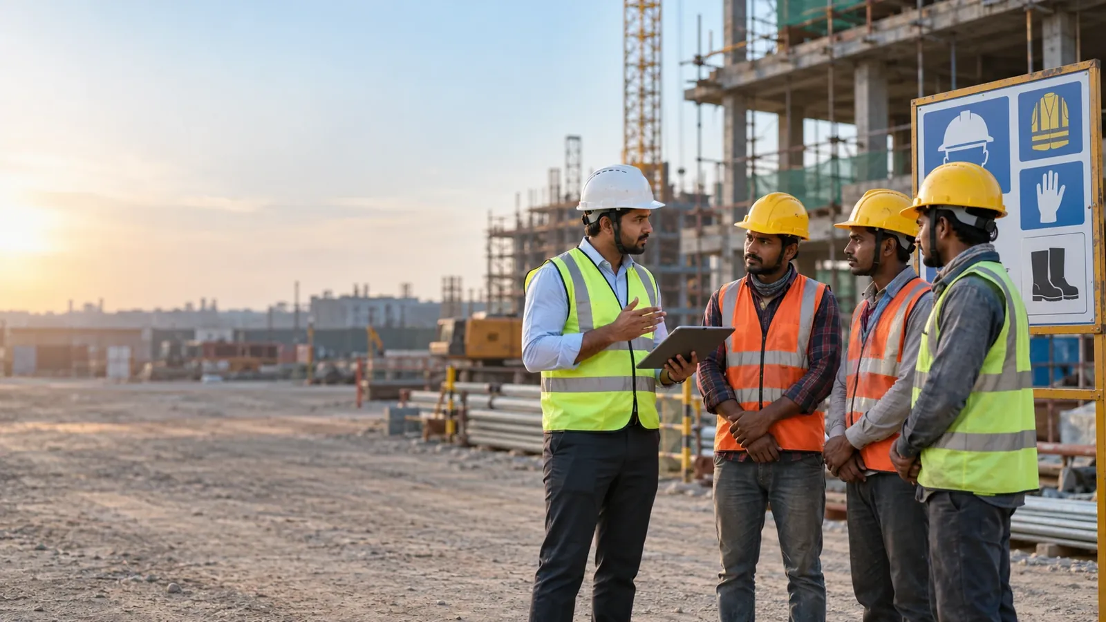 Safety officer holding a tablet briefing three contract workers in helmets and hi-vis vests beside a PPE sign on a building site