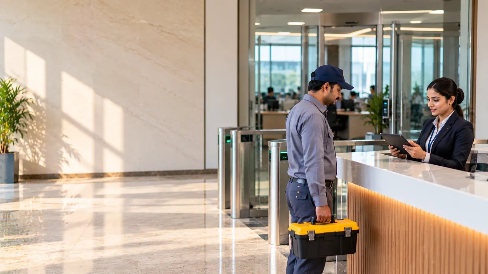Receptionist checking in a service technician carrying a toolbox on a tablet at an office reception desk