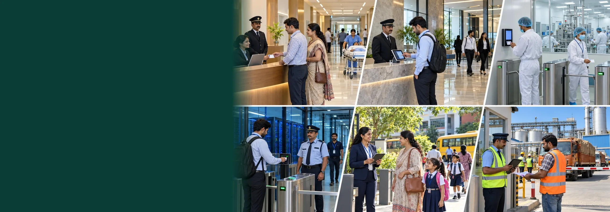 Visitor check-in at six kinds of site: a hospital reception, a corporate office lobby, a pharmaceutical clean room entrance, a data centre turnstile, a school gate and a factory truck gate, each with a guard or receptionist using a tablet
