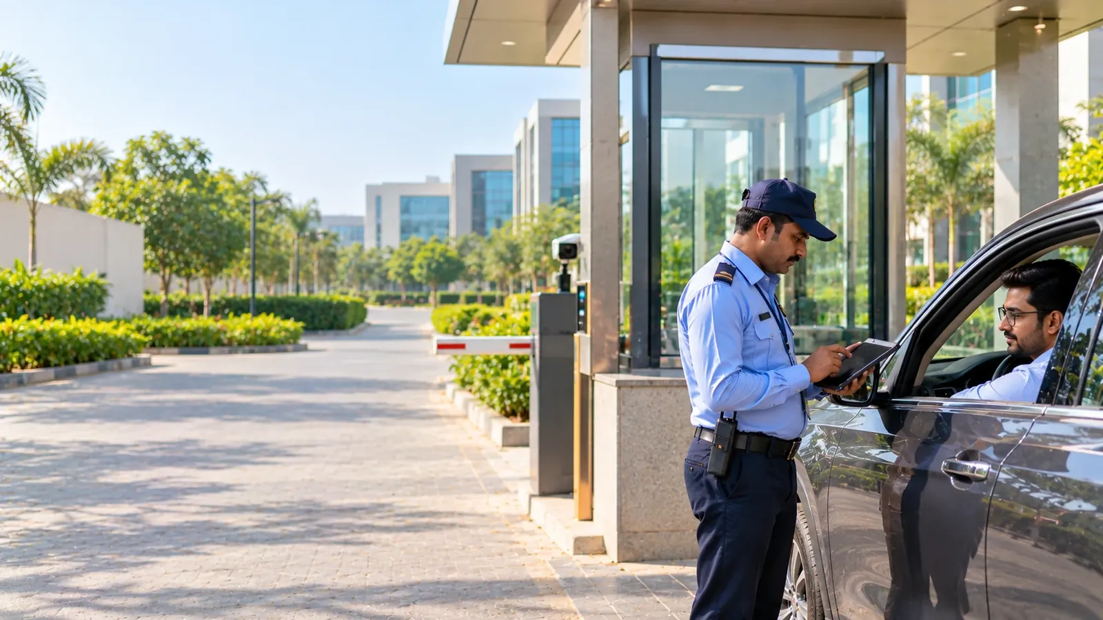 Security guard at a commercial campus gate booth checking in a visitor at his car window on a tablet, with office blocks and landscaped roads behind