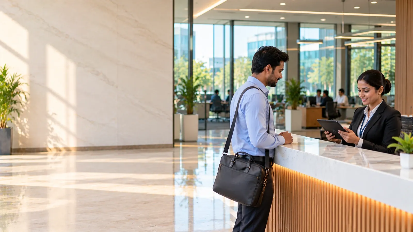Receptionist checking in a visitor with a laptop bag on a tablet in an IT park office lobby, with the open-plan office behind