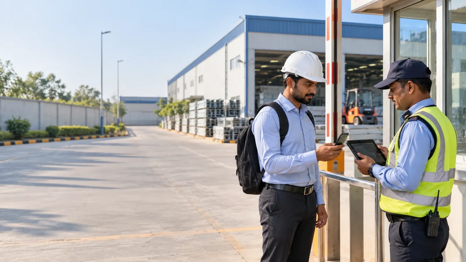 Security guard in a hi-vis vest checking in a visiting engineer in a hard hat on a tablet at a manufacturing plant gate, with the production shed and a forklift behind