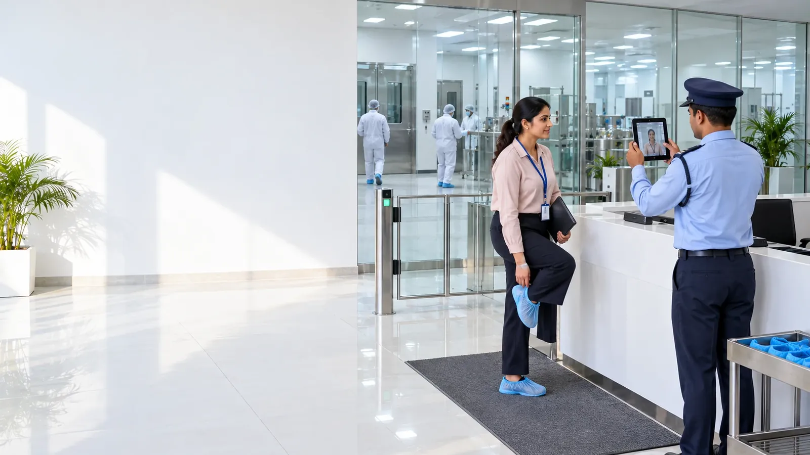 Visitor putting on shoe covers at a pharmaceutical plant entrance while a security guard photographs her on a tablet, with gowned staff in the cleanroom behind the glass