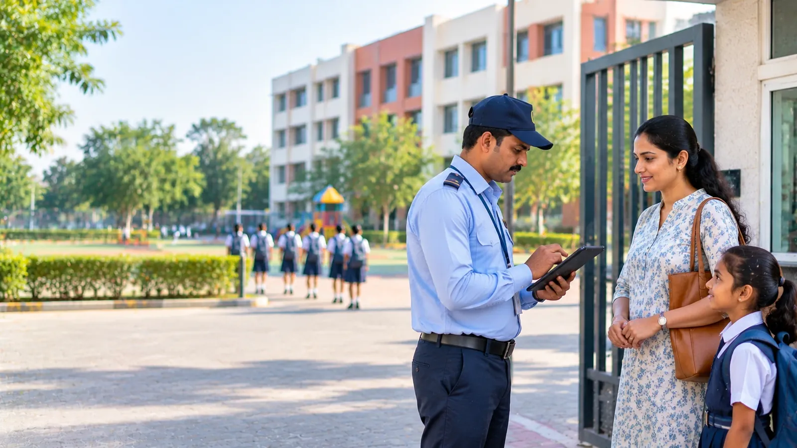 School security guard checking in a parent on a tablet at the school gate while her daughter waits beside her, with the school building and playground behind