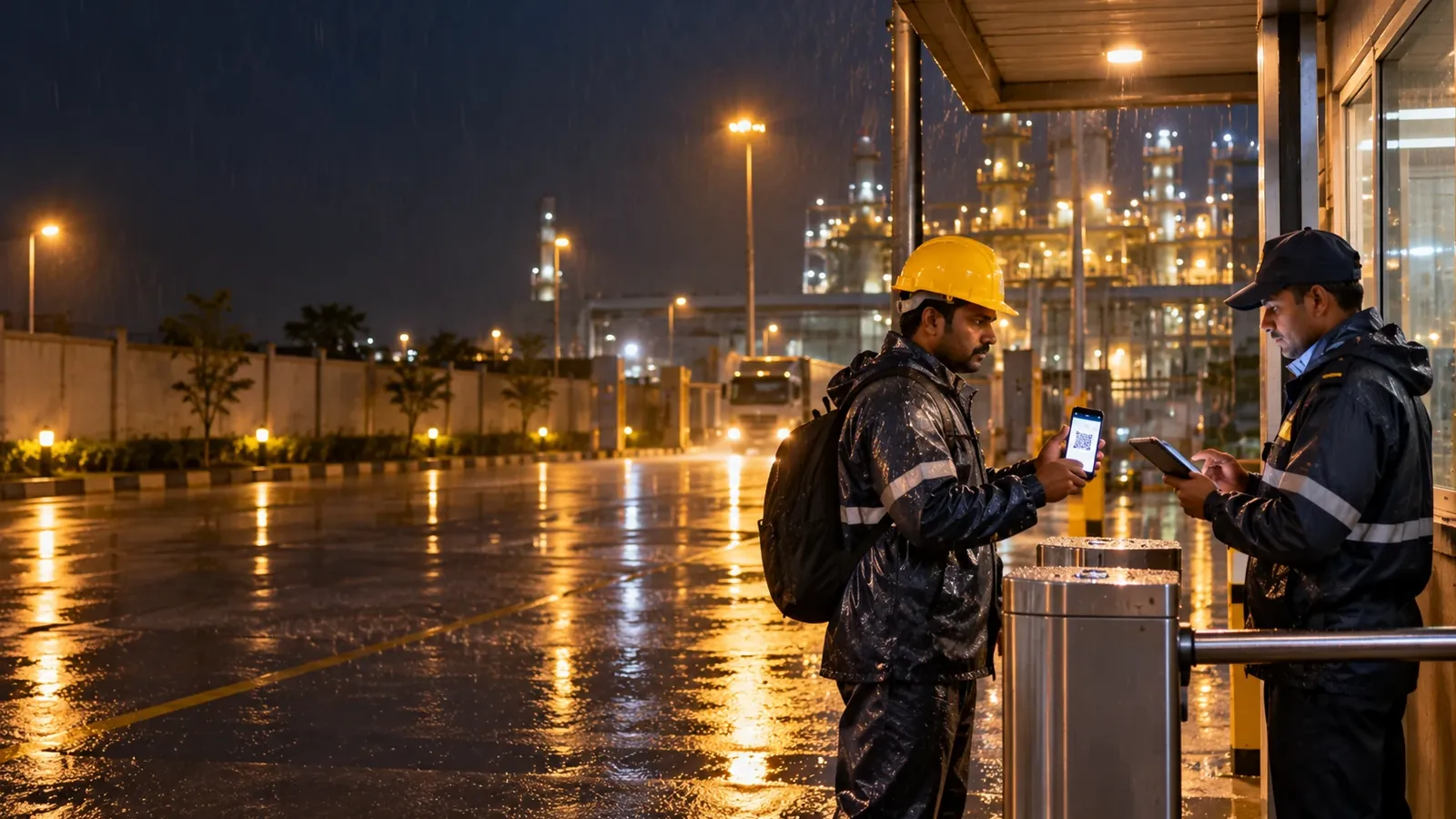 Security guard in a rain jacket checking a night-shift worker's QR pass on his phone at a plant gate in monsoon rain, with the lit plant behind