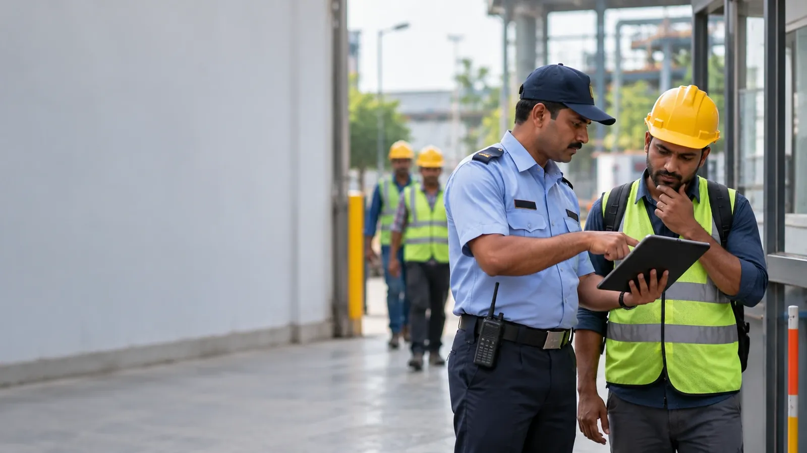 Security guard at a plant gate showing a contract worker in a helmet his tablet, explaining that his pass has expired, as other workers walk in behind