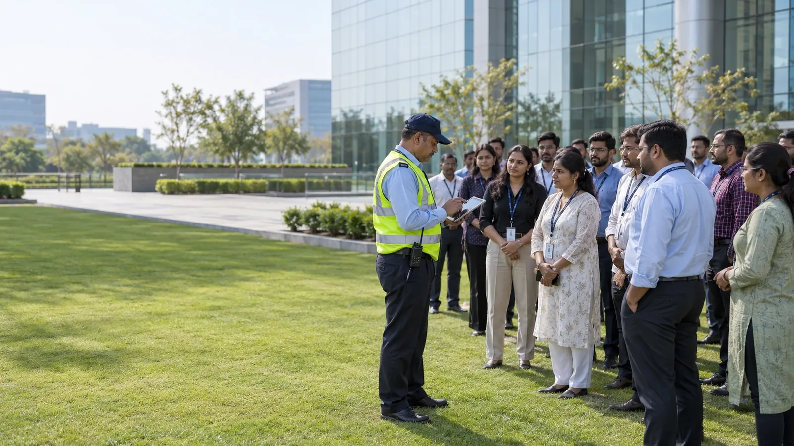 Security head in a hi-vis vest marking employees safe on a tablet at the assembly point on the lawn outside an office building during an evacuation drill