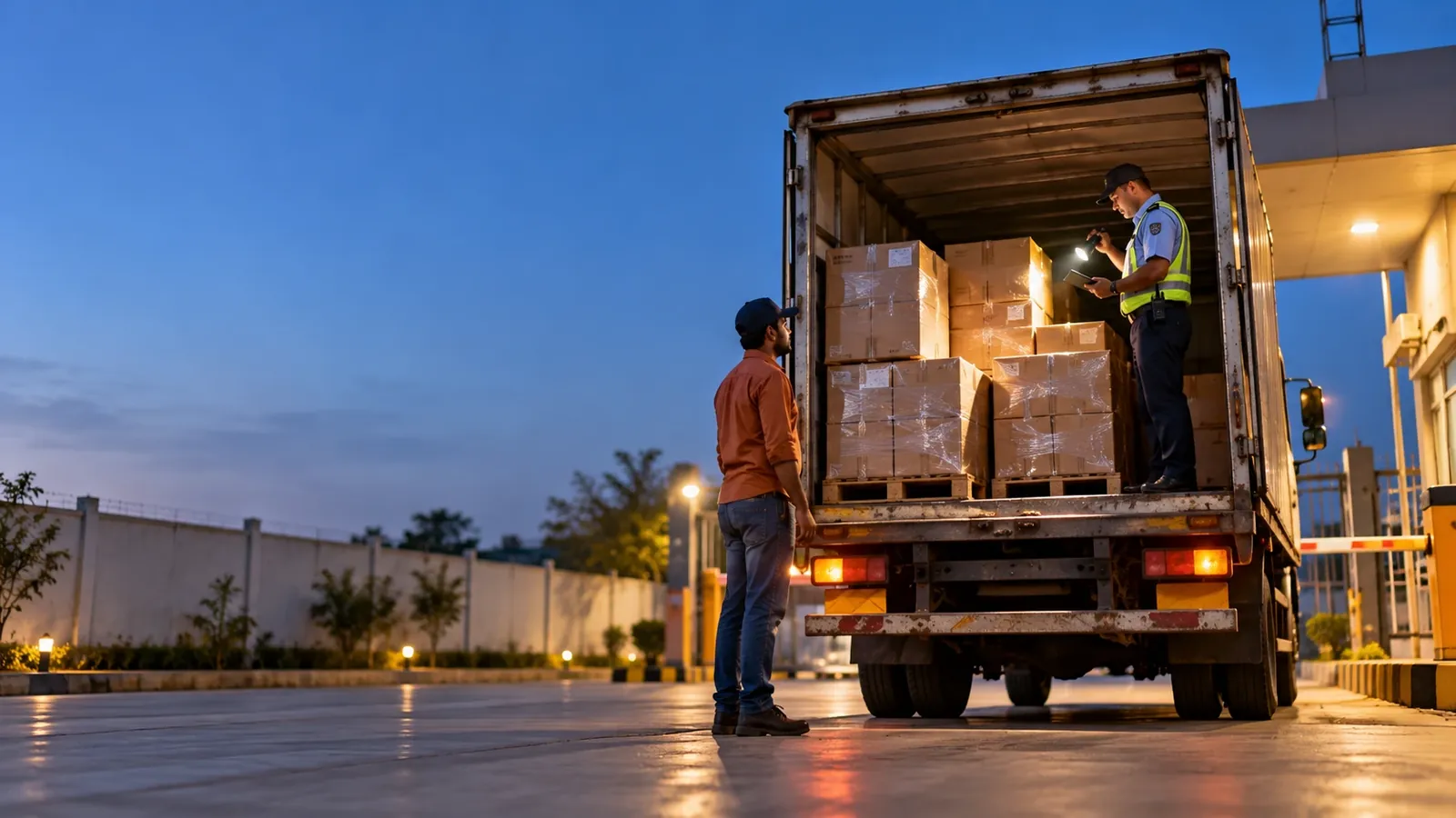 Security guard standing in the back of an outgoing truck at dusk, shining a torch on the cartons and checking them on a tablet while the driver waits at the factory exit gate