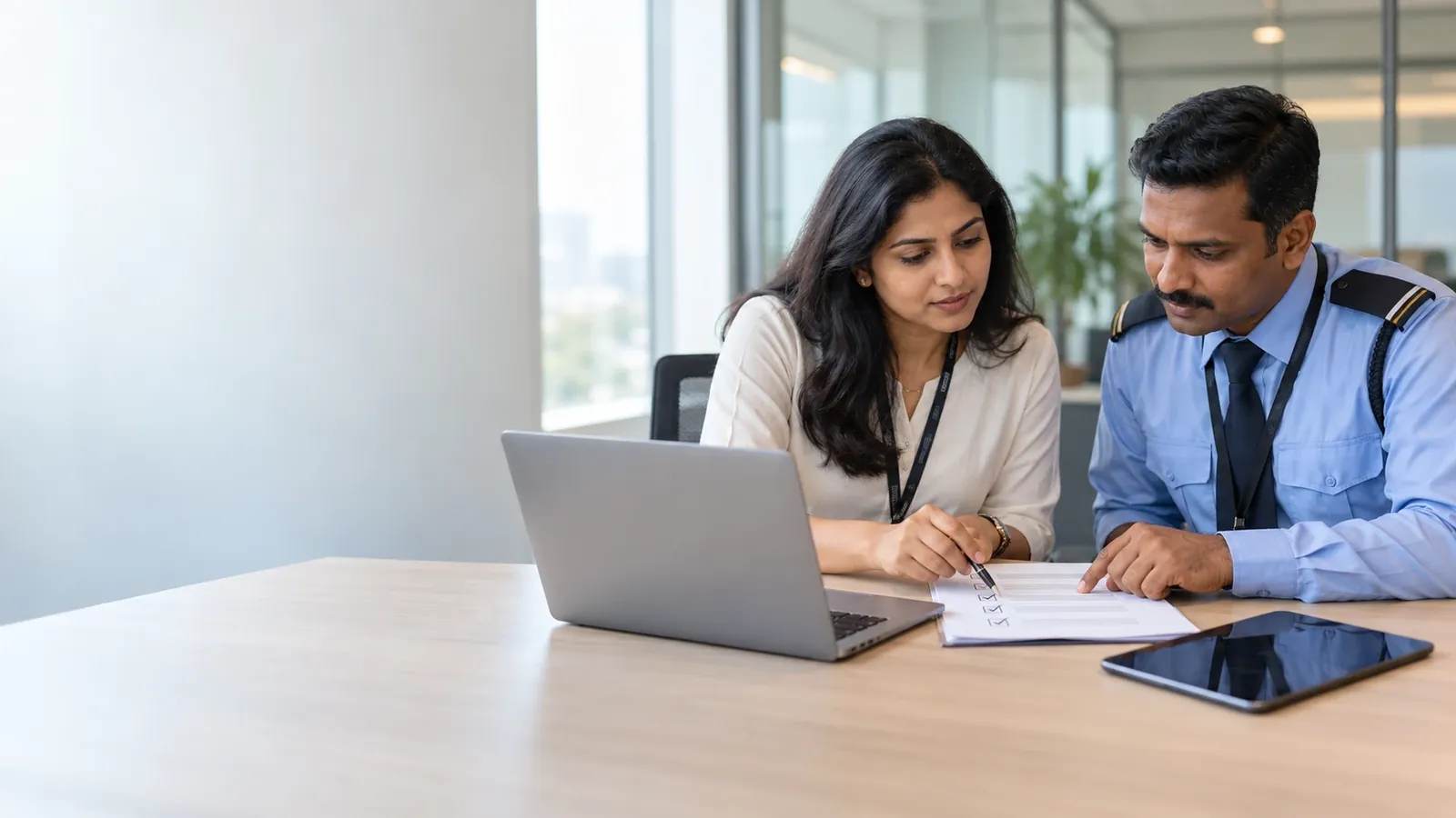 Facility manager and a security officer at a meeting-room table going through a printed checklist beside a laptop and a tablet