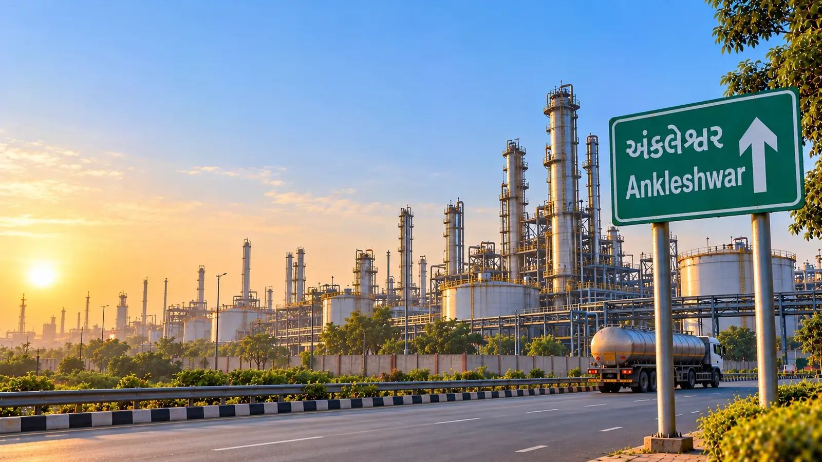 Chemical plants with process columns and storage tanks at Ankleshwar, a tanker on the highway, and a green highway sign reading Ankleshwar