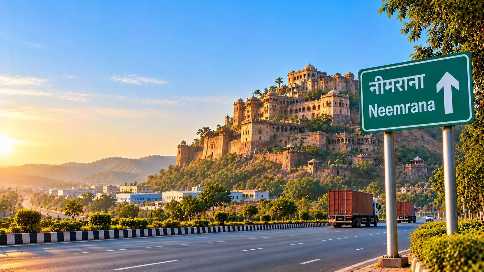 Neemrana Fort above the industrial belt on the Delhi–Jaipur highway, with trucks on the road and a green highway sign reading Neemrana