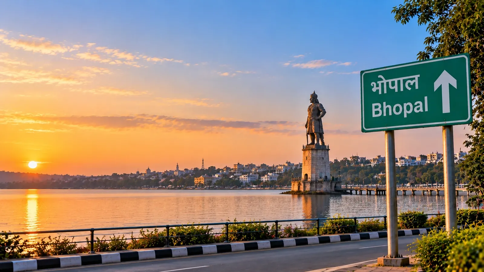 Raja Bhoj statue in the Upper Lake of Bhopal at sunset, with a green highway sign reading Bhopal