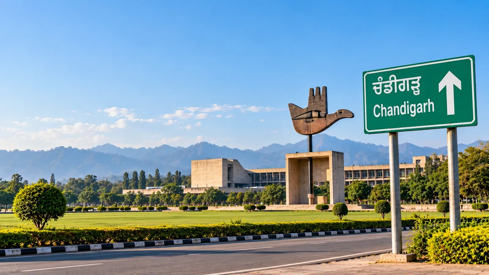 Open Hand Monument and the Capitol Complex in Chandigarh with the Shivalik hills behind, and a green highway sign reading Chandigarh