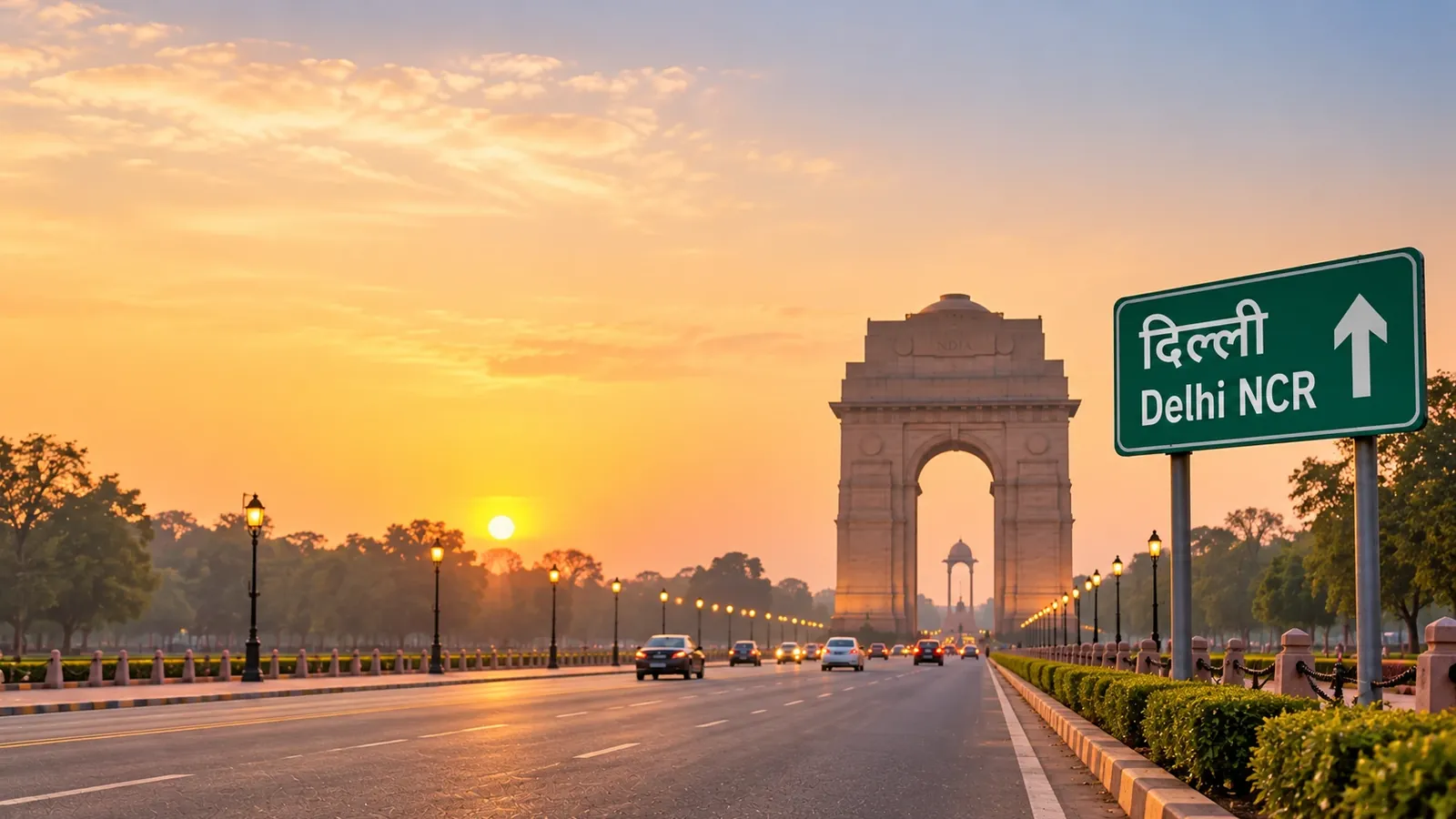 India Gate on Kartavya Path in New Delhi at sunrise, with a green highway sign reading Delhi NCR