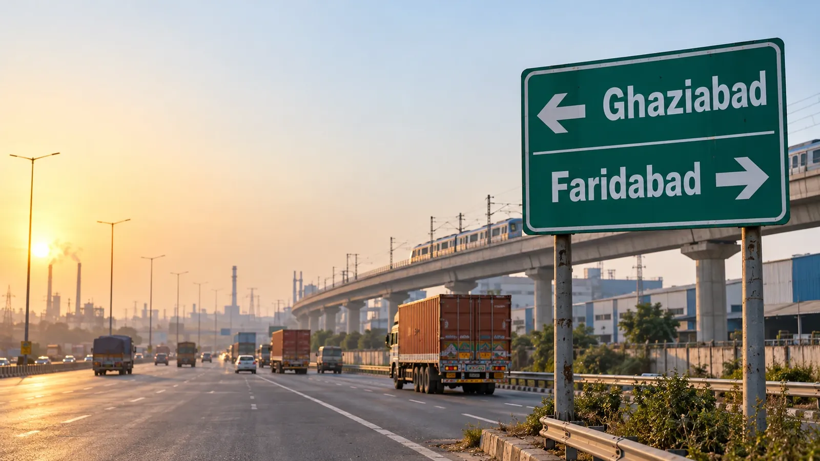Green highway sign pointing left to Ghaziabad and right to Faridabad over an industrial expressway with trucks and the elevated metro