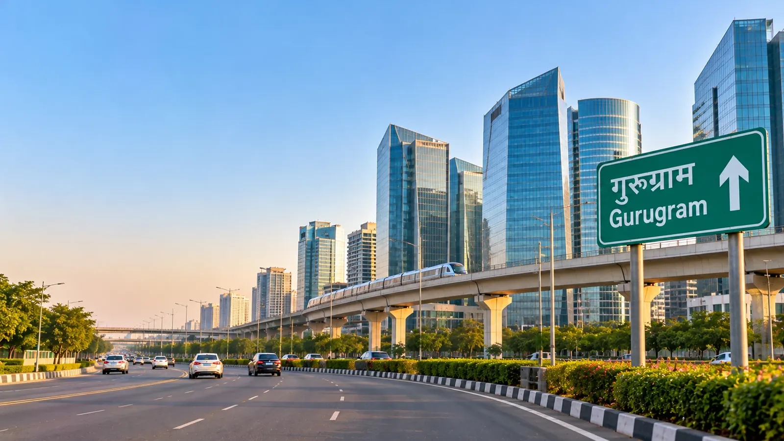 Glass office towers of Cyber City in Gurugram with the elevated metro and a green highway sign reading Gurugram