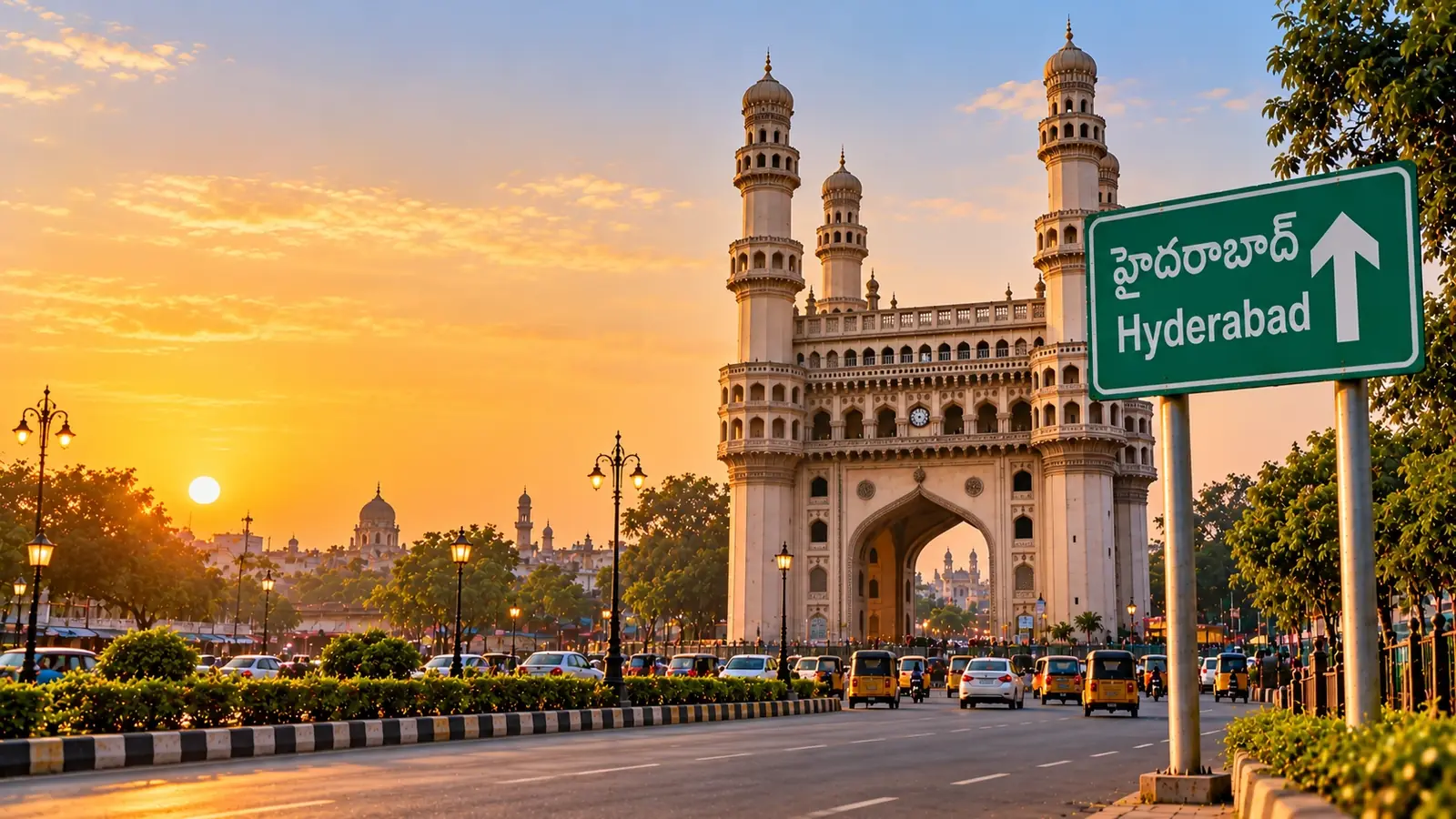 Charminar in Hyderabad at sunset with traffic on the road in front, and a green highway sign reading Hyderabad