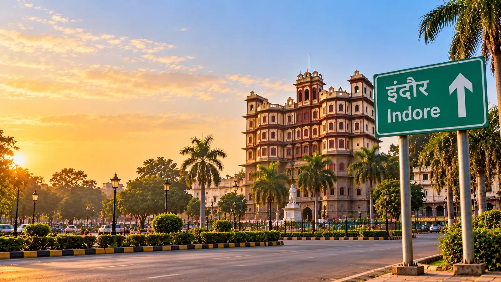 Rajwada palace in Indore at sunrise behind palm trees, with a green highway sign reading Indore