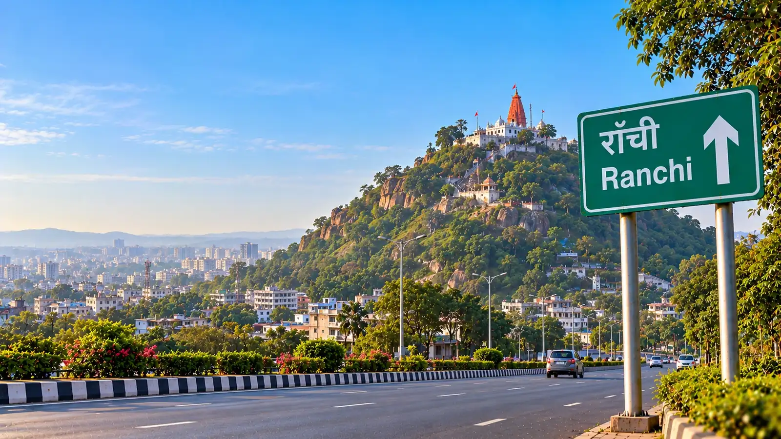 Pahari Mandir hill above Ranchi with the city spread below, and a green highway sign reading Ranchi