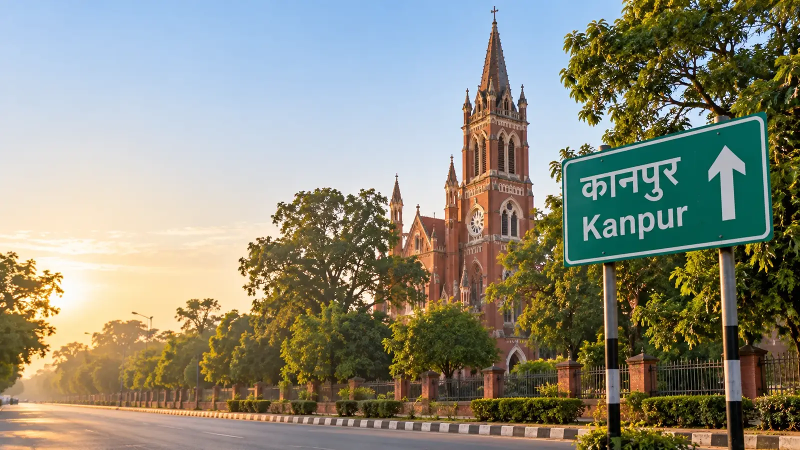 Red-brick Memorial Church in Kanpur behind trees at sunrise, with a green highway sign reading Kanpur
