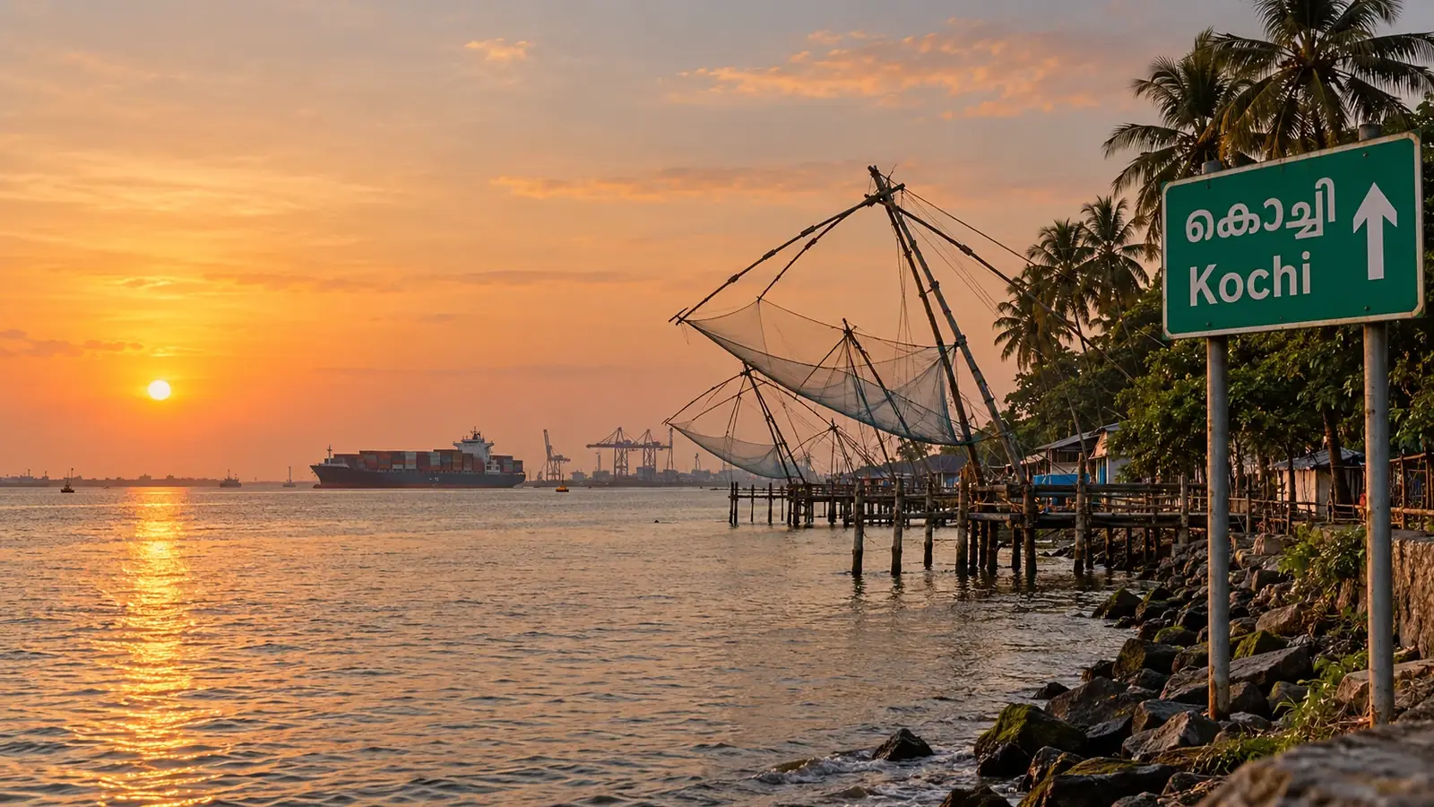 Chinese fishing nets at Fort Kochi at sunset with a container ship and port cranes in the distance, and a green highway sign reading Kochi