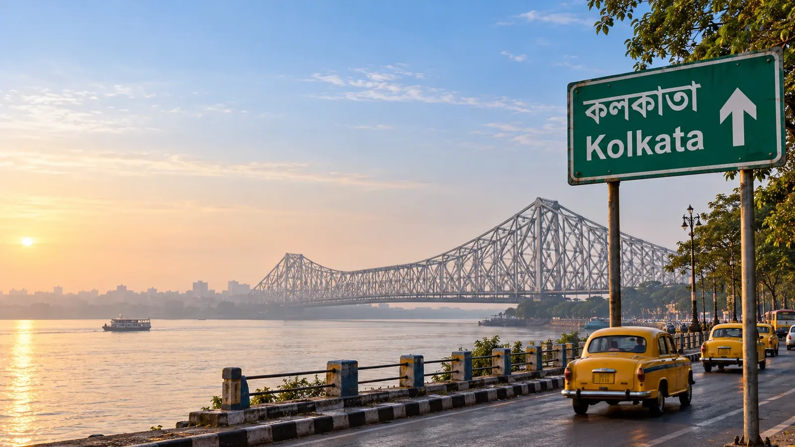 Howrah Bridge over the Hooghly at sunrise with yellow taxis on the riverside road and a green highway sign reading Kolkata