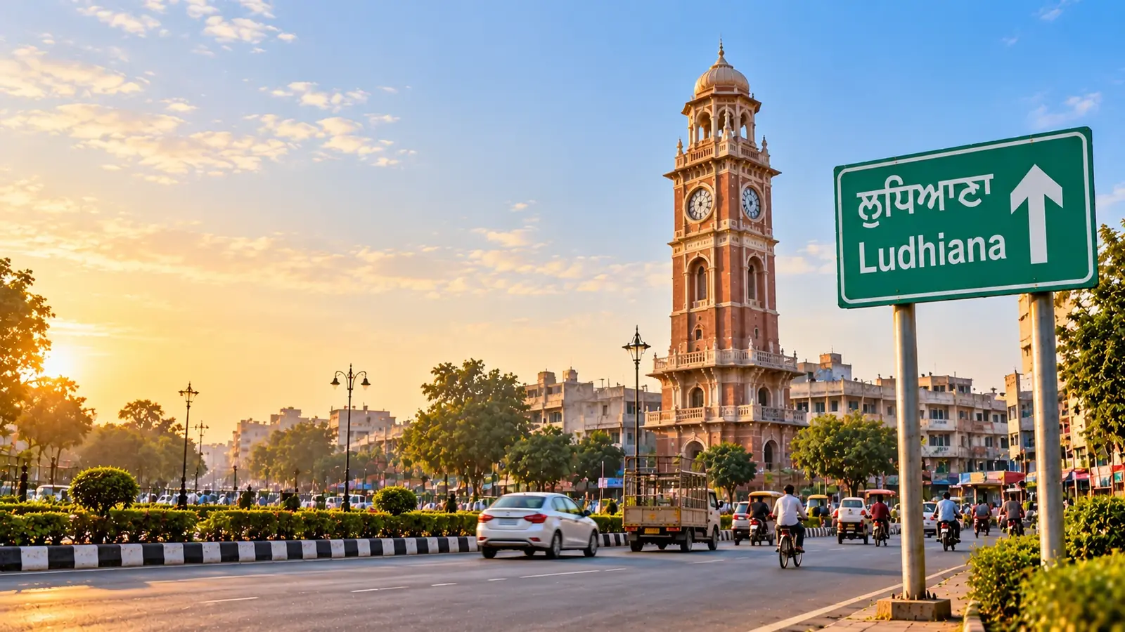 Clock Tower in Ludhiana above a busy road with cycles and small trucks, and a green highway sign reading Ludhiana