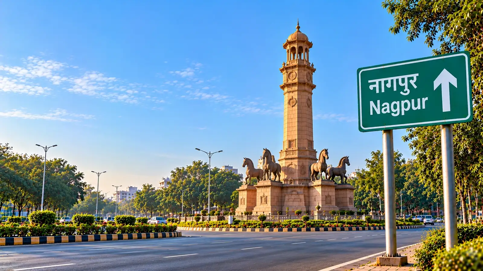 Zero Mile Stone monument in Nagpur with its four horse statues beside a wide road, and a green highway sign reading Nagpur