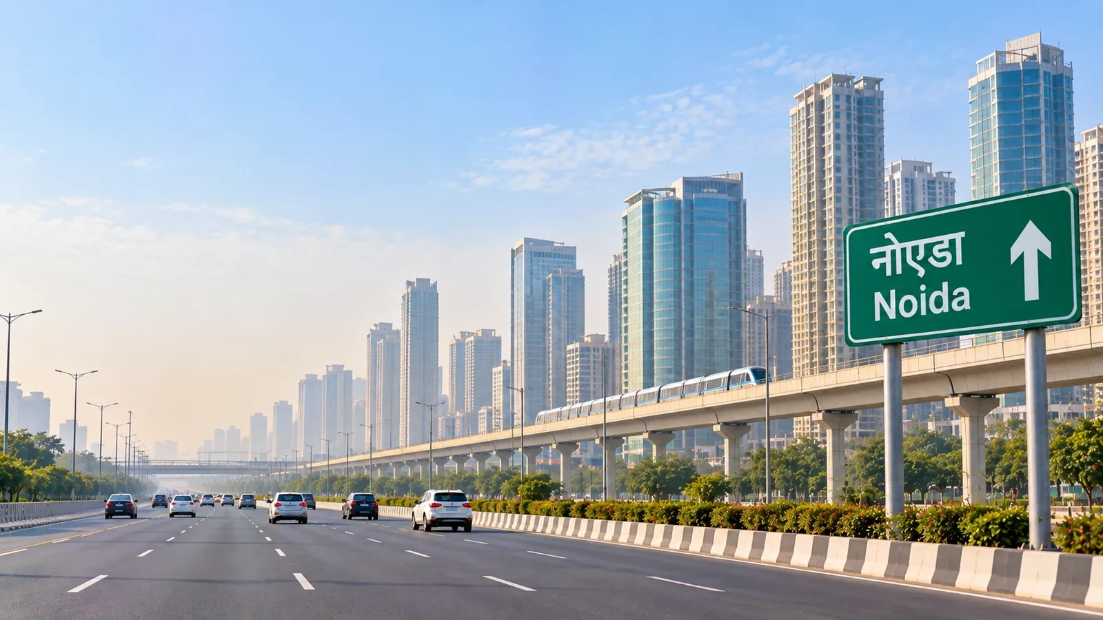 Noida skyline beside the expressway, with the elevated metro and a green highway sign reading Noida