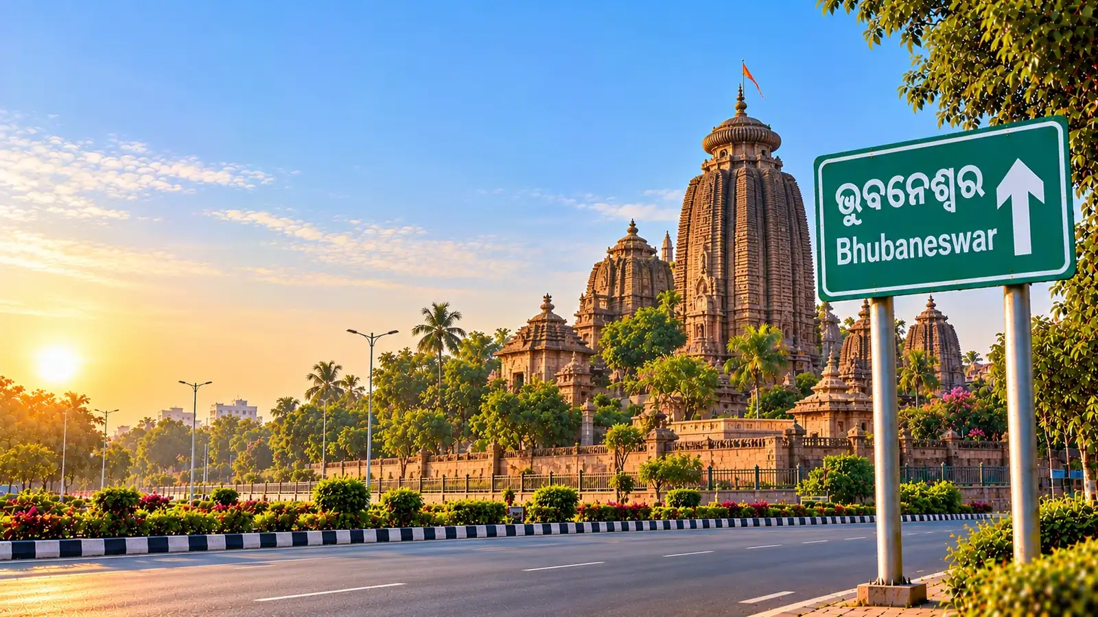 Lingaraja temple in Bhubaneswar behind a landscaped road, with a green highway sign reading Bhubaneswar