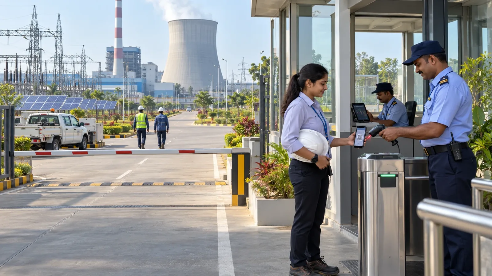Security guard scanning a visitor's QR pass on her phone at a power plant gate, with the cooling tower, substation and solar panels behind