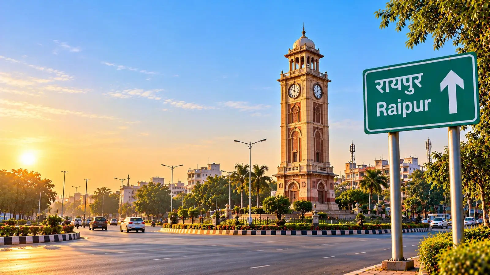 Clock tower at a roundabout in Raipur at sunrise, with a green highway sign reading Raipur