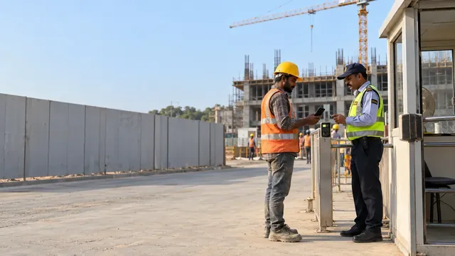Security guard at a construction-site gate checking in a worker in a hard hat who shows his pass on his phone, with a tower crane and the building going up behind