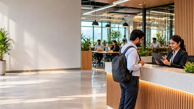 Community manager checking in a guest on a tablet at a coworking space front desk, with members working behind
