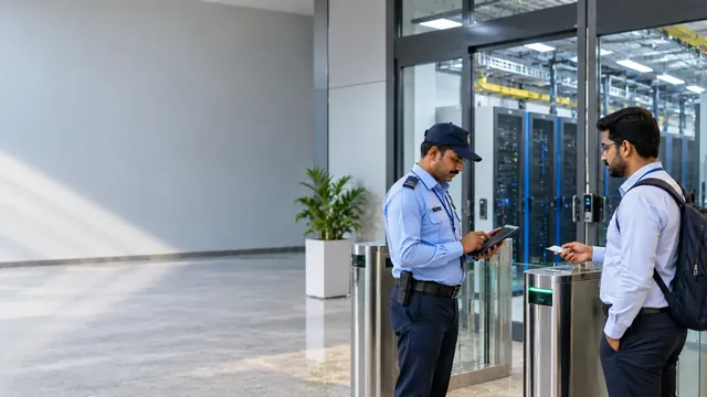 Security officer checking a visitor's ID card on a tablet at a data centre entrance, with server racks behind the glass