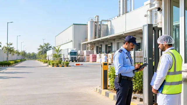 Security guard checking in a visitor in a hairnet and hi-vis vest on a tablet at a food processing plant gate, with pallets and a truck at the loading bay behind
