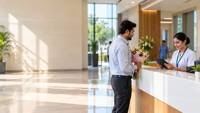 Hospital receptionist checking in a visitor holding flowers on a tablet at the front desk