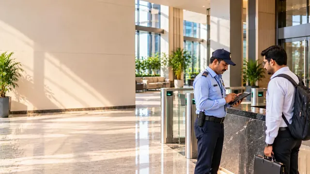 Security officer checking in a business visitor on a tablet at the lobby desk of a commercial building